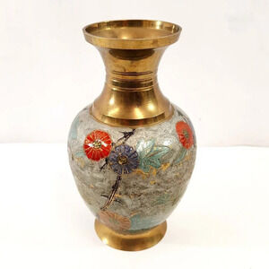 Vintage Enameled  Hand Painted Brass Vase from India